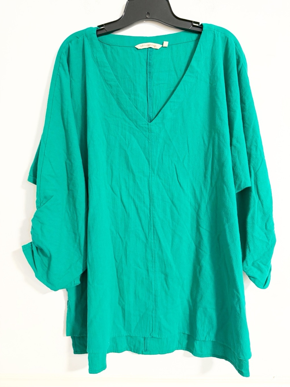 Soft Surroundings Emerald Green 100% Cotton V-Neck Roll Tab Sleeve Tunic Top 1X